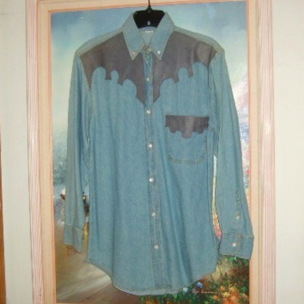 Denim Shirt Blue M Leather Yoke & Pocket Chambray Unisex